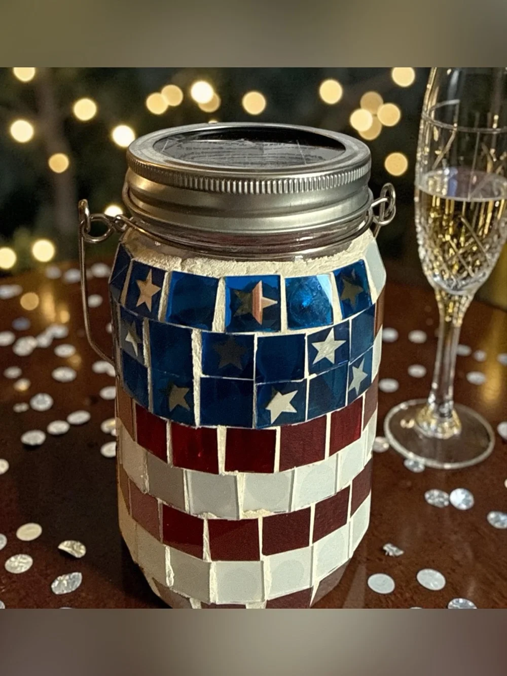 Solar Power Patriotic Mosaic Mason Jar Lantern
